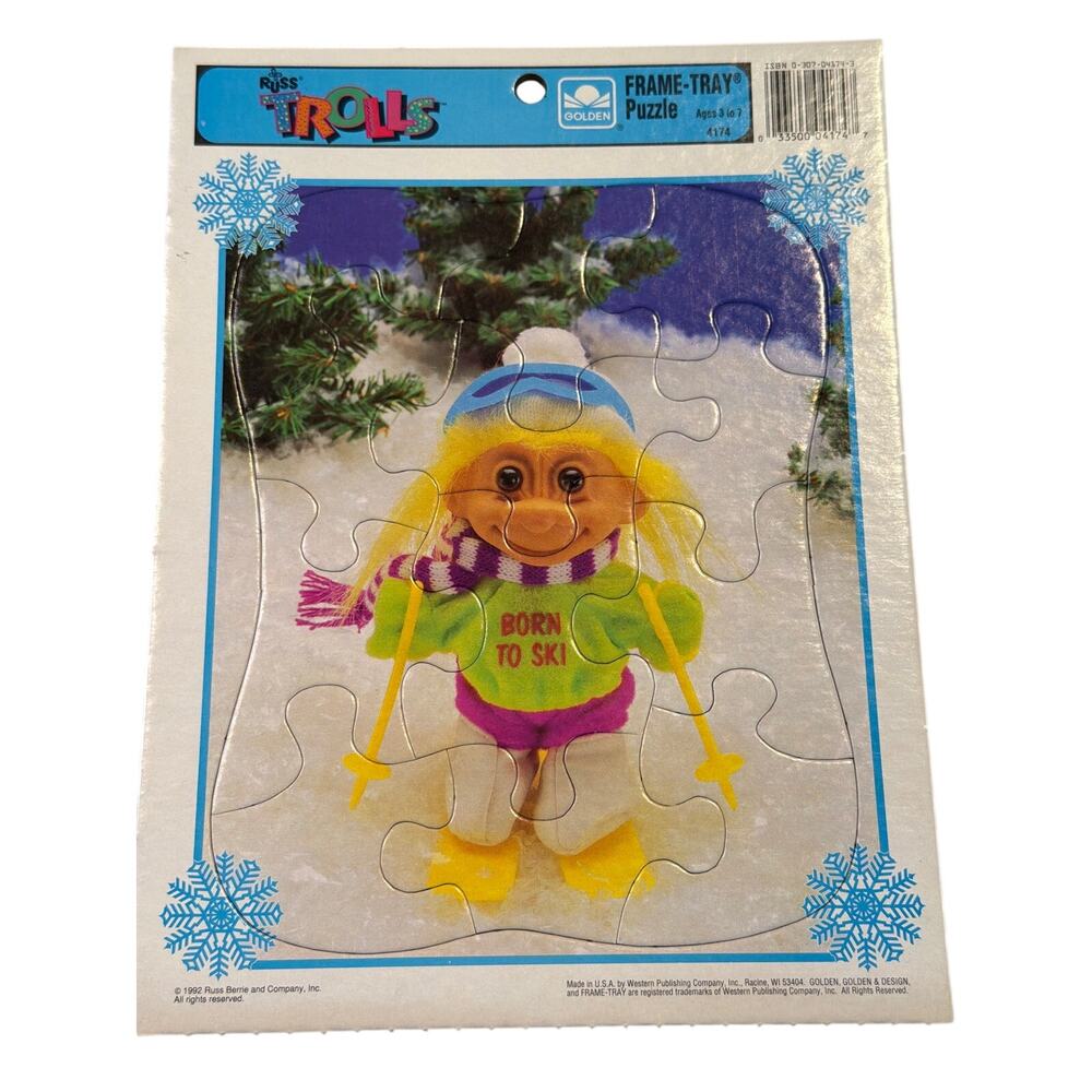 Vtg 1992 Russ Troll Frame Tray Puzzle 12 piece Born to Ski retro complete